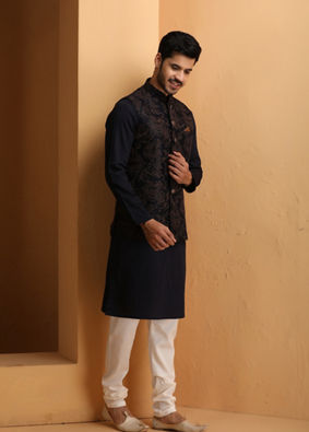 Dark Blue Floral Design Kurta Jacket Set image number 0